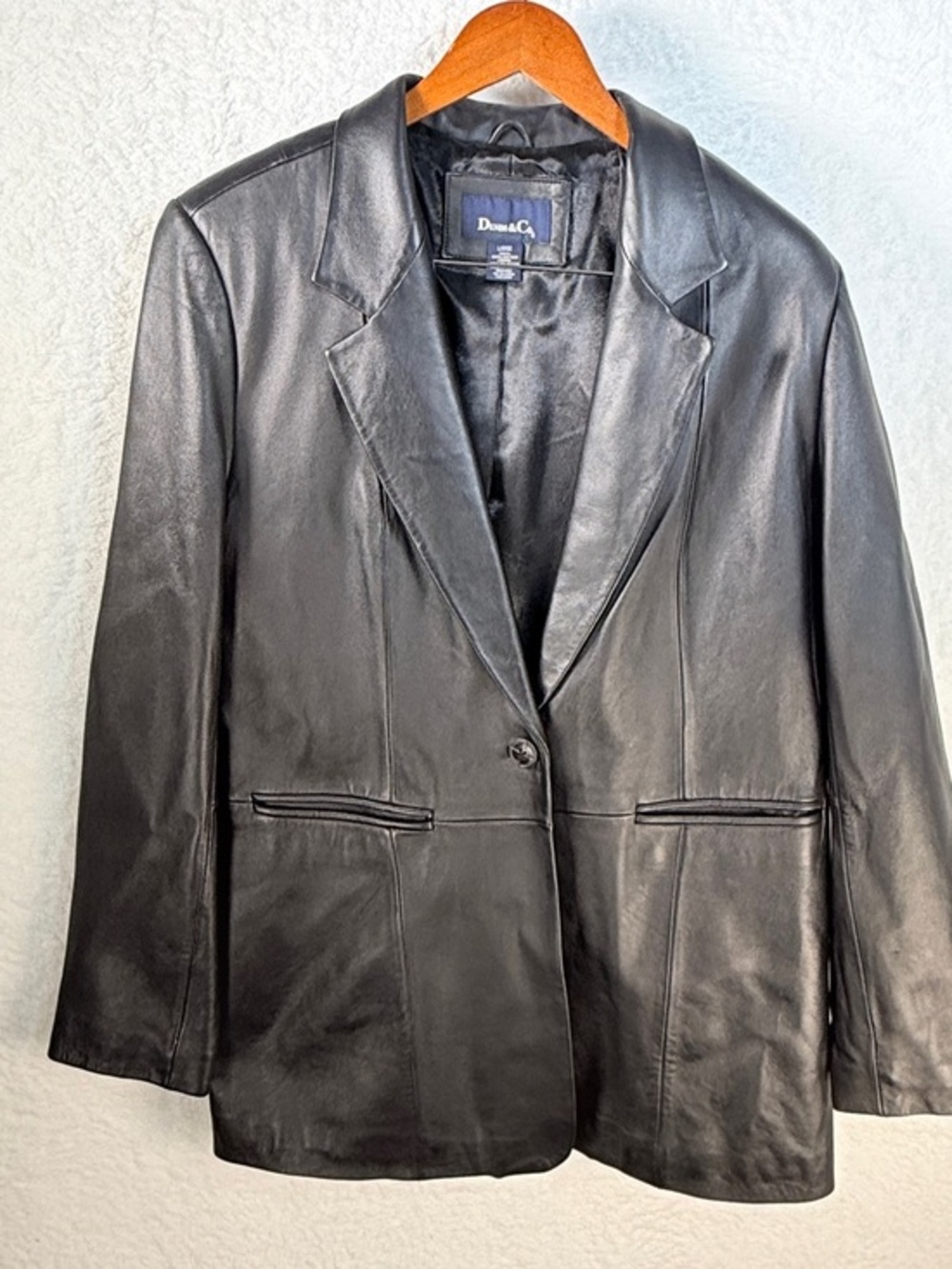 Denim & Co Black Genuine Leather Blazer Jacket Women’s Large Classic Longline